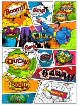 Comic book page divided by lines with speech bubbles, rocket, superhero Stock Illustration
