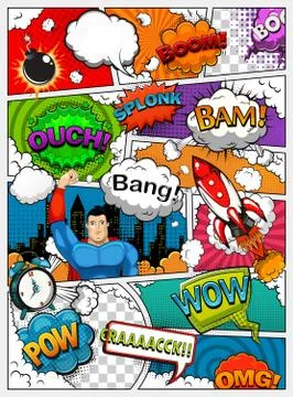 Comic book page divided by lines with speech bubbles, rocket, superhero Stock Illustration