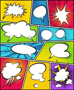 Comic book page divided by lines with speech bubbles and sounds effect. Retro Stock Illustration