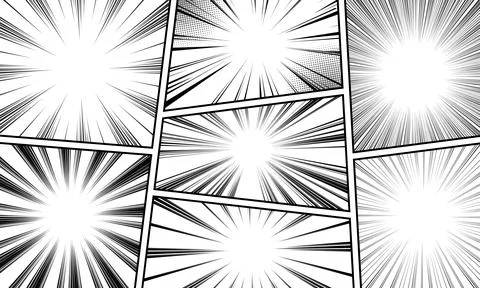 Comic book page template with frame divided by lines with radial halftone e.. Illustrazione stock