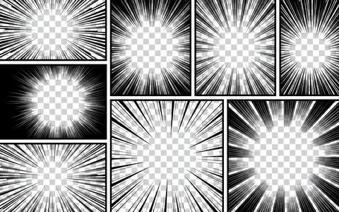 Comic book page template with frame divided by lines with radial halftone e.. Illustrazione stock