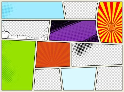 Comic book page template with radial halftone effects and rays in pop-art style Stock Illustration