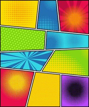 Comic book page template with radial halftone effects and rays in pop-art style Stock Illustration