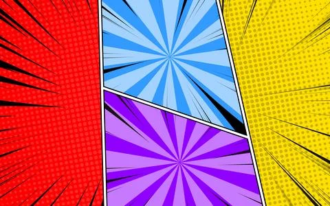 Comic Book Page Template with Radial Halftone Effects and Rays in Pop Art S.. Stock Illustration