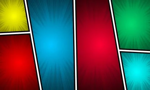 Comic book page template with rays, radial, halftone effects, in various co.. Illustrazione stock