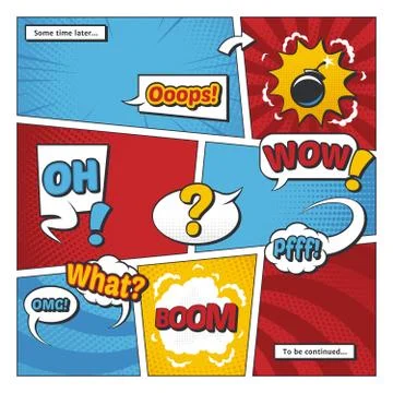 Comic book page vector template with cartoon elements and comic words in bubbles 스톡 일러스트