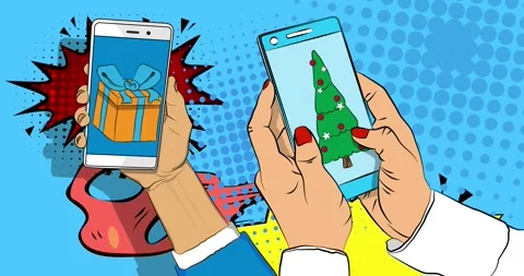 Comic Book phone with Gift Box and Christmas decorated pine tree video Stock Footage 293656592