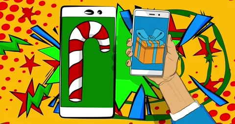 Comic Book phone with Gift Box and Candy cane animation Stock Footage 296795371