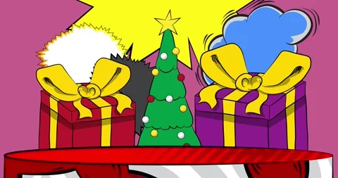 Comic Book podium animation with Gift Box and Christmas decorated pine tree Stock Footage 295731463