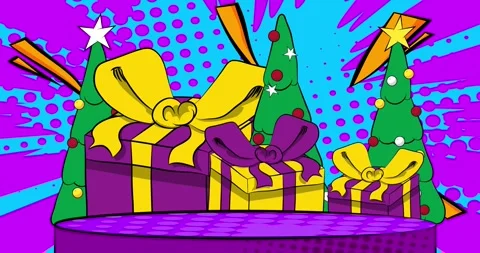 Comic Book podium video with Gift Box and Christmas decorated pine tree. Stock Footage 295731467