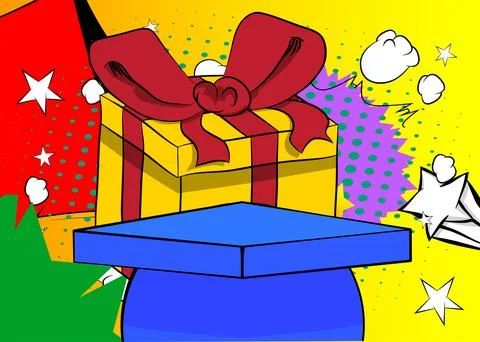 Comic Book Product podium stage for mockup presentation with Gift Box. Retr.. Illustrazione stock