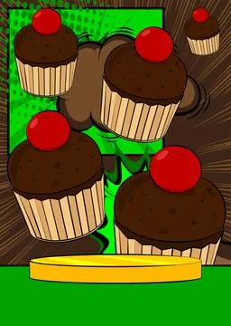 Comic Book Product podium stage for mockup presentation with Cupcake. Retro.. Stock Illustration
