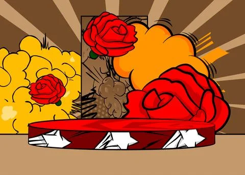 Comic Book Product podium stage for mockup presentation with Red Rose. Retr.. 스톡 일러스트