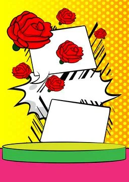 Comic Book Product podium stage for mockup presentation with Red Rose. Retr.. 스톡 일러스트