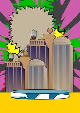 Comic Book Product podium stage for mockup presentation with Skyscraper. Re.. Illustrazione stock