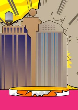 Comic Book Product podium stage for mockup presentation with Skyscraper. Re.. Illustrazione stock