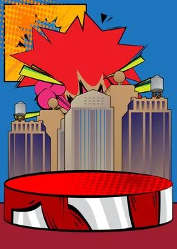 Comic Book Product podium stage for mockup presentation with Skyscraper. Re.. Illustrazione stock