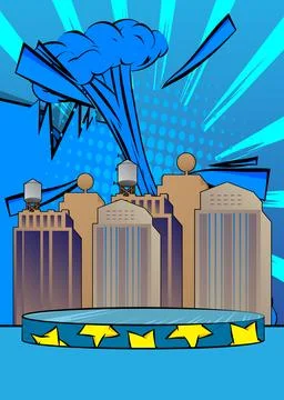 Comic Book Product podium stage for mockup presentation with Skyscraper. Re.. Illustrazione stock