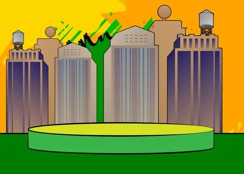 Comic Book Product podium stage for mockup presentation with Skyscraper. Re.. Illustrazione stock