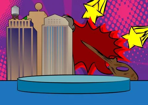 Comic Book Product podium stage for mockup presentation with Skyscraper. Re.. Illustrazione stock