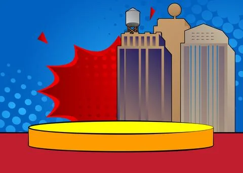Comic Book Product podium stage for mockup presentation with Skyscraper. Re.. Illustrazione stock