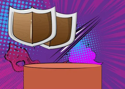 Comic Book Product podium stage for mockup presentation with Shield. Retro .. Stock Illustration
