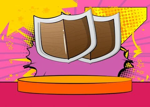 Comic Book Product podium stage for mockup presentation with Shield. Retro .. Stock Illustration