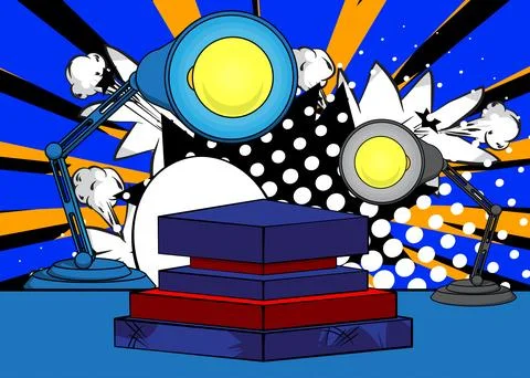 Comic Book Product podium stage for mockup presentation with Office lamp. R.. Stock Illustration