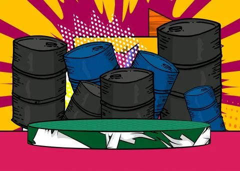 Comic Book Product podium stage for mockup presentation with Oil Barrel. Re.. Stock Illustration