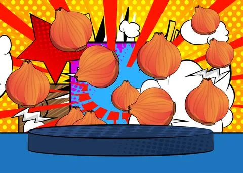 Comic Book Product podium stage for mockup presentation with Onion. Retro c.. Stock Illustration