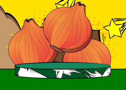 Comic Book Product podium stage for mockup presentation with Onion. Retro c.. Stock Illustration
