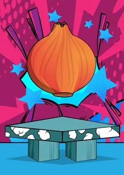 Comic Book Product podium stage for mockup presentation with Onion. Retro c.. Stock Illustration