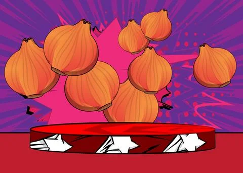Comic Book Product podium stage for mockup presentation with Onion. Retro c.. Stock Illustration