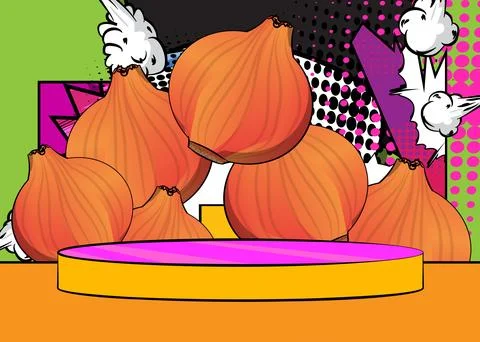 Comic Book Product podium stage for mockup presentation with Onion. Retro c.. Stock Illustration