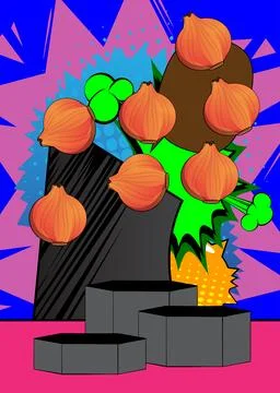 Comic Book Product podium stage for mockup presentation with Onion. Retro c.. Stock Illustration