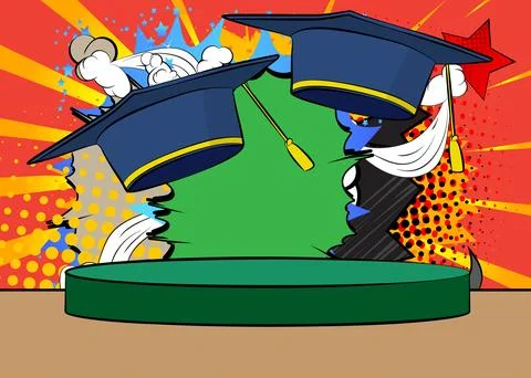 Comic Book Product podium stage for mockup presentation with Graduation Cap.. Stock Illustration
