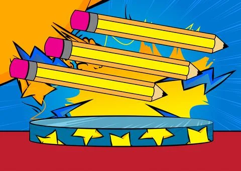 Comic Book Product podium stage for mockup presentation with pencil. Retro .. Stock Illustration