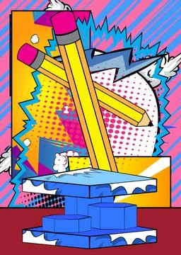 Comic Book Product podium stage for mockup presentation with pencil. Retro .. Stock Illustration