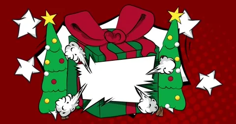 Comic Book speech bubble with gift box and Christmas tree video Stock Footage 295404041