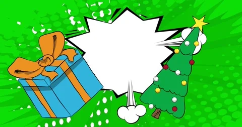 Comic Book speech bubble with gift box and Christmas tree Stock Footage 295404048