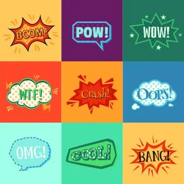Comic book speech bubble sticker set with colorful burst effect Stock Illustration