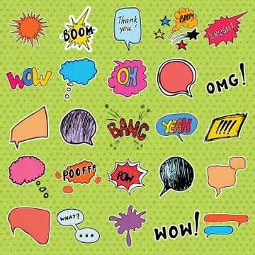 Comic book speech bubbles and cartoon sound effects set. Hand drawn pop art s Illustrazione stock