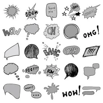 Comic book speech bubbles and cartoon sound effects set. Hand drawn pop art s Stock Illustration