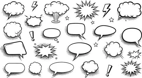 Comic Book Speech Bubbles and Explosions - Black and White Vector Graphics Se 스톡 일러스트