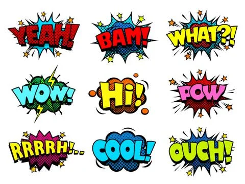 Comic book speech bubbles, cool action sound effect, halftone texture Stock Illustration