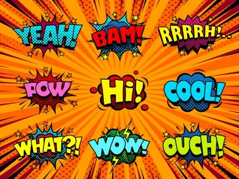 Comic book speech bubbles, cool action sound effect, halftone texture Illustrazione stock