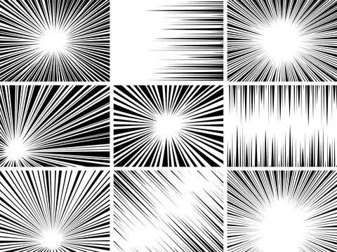 Comic book speed lines set, explosion effect. Abstract radial zoom speed light Stock Illustration