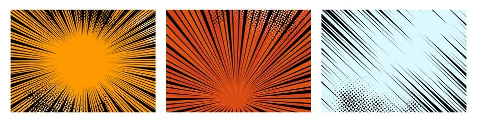 Comic book speed lines set, explosion effect. Abstract radial zoom speed light Stock Illustration