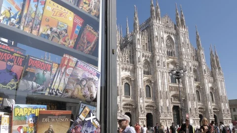 Comic book store by Duomo di Milano in Milan, Italy, Europe Stock Footage 106488328