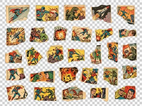 Comic book story panels featuring action heroes and villains. Stock Photos